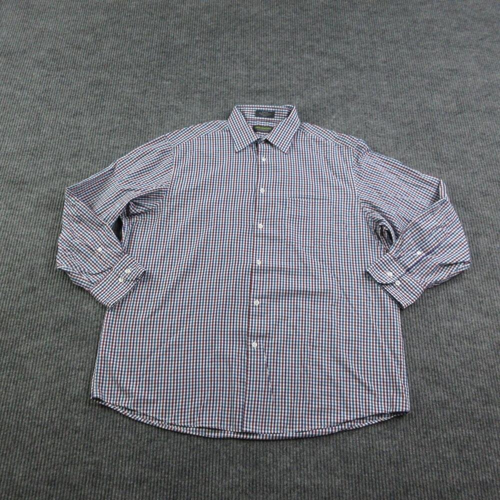 John Bartlett Dress Shirt Mens 17.5 34/35 Blue Gingham Polycotton Classic Fit